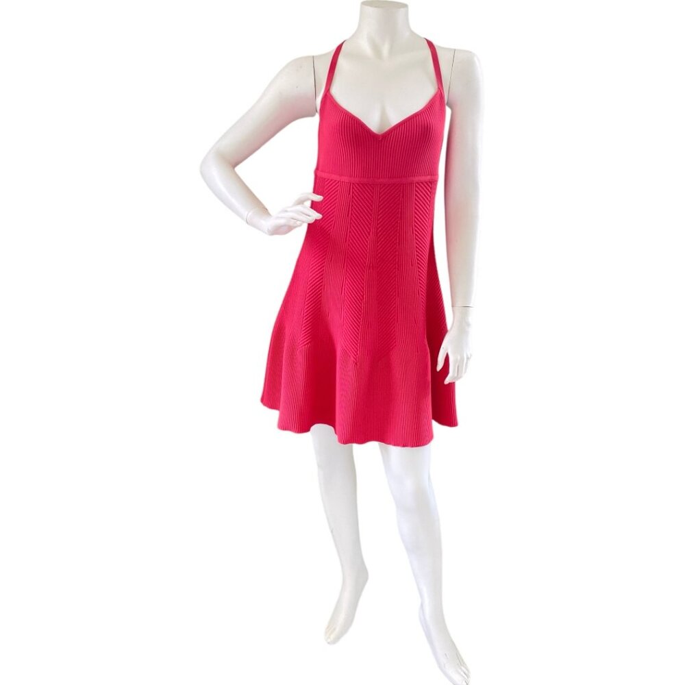 Herve Leger Sweetheart Ribbed Fit and Flare Dress Pink Burnt Rose Sz L NWT